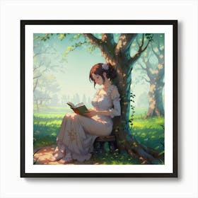 Girl With Flower In Her Hair Reading A Book Art Print