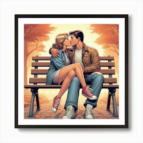 Kissing On A Bench Art Print