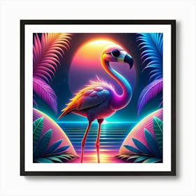 A Flamingo Wearing Sunglasses In A Neon Tropical Landscape Art Print