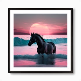 Horse On The Beach At Sunset Art Print