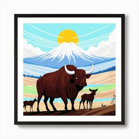 Illustration Of A Bull And Calf Art Print