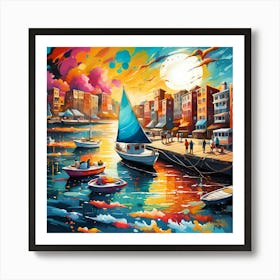 Sailing Boat Docking Amidst Beachgoers Delight Art Print