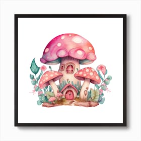 Watercolor Fairies Pink Mushroom House Art Print