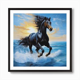 Black Horse Running In The Ocean Art Print