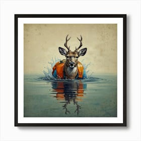 Deer In The Water 2 Art Print