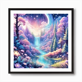 A Fantasy Forest With Twinkling Stars In Pastel Tone Square Composition 11 Art Print