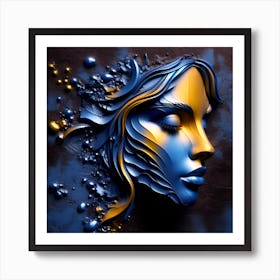 Portrait Of A Woman's Face - An Embossed Abstract Artwork In Orange And Blue On Charcoal Background With Effect Of Fallen Beads Of Molten Metal Drops. Art Print