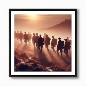 Marching Shadows at Dawn Wall Art: A Dramatic Silhouette Scene of Soldiers for Powerful and Reflective Decor Print Art Art Print