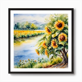 Sunflowers By The River Art Print