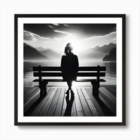 Photo Of A Black And White Picture Of A Person Facing The Sunset From A Bench 1 Art Print