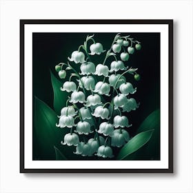 "Midnight Blooms"  In the stillness of the night, a lush cluster of lily of the valley exudes elegance, their bell-shaped flowers a milky constellation against a darkened sky.  Discover the subtle allure of 'Midnight Blooms', where the enchanting lily of the valley stands out with its pristine white blossoms against a deep, velvety backdrop. This piece captures the mystique of a moonlit garden, perfect for adding a touch of sophistication and night-time serenity to your collection. Art Print