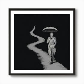 A captivating ink drawing of a lone figure traversing a narrow, serpentine path. The man is dressed in a vintage ensemble, holding onto an old-fashioned umbrella. The path is shrouded in complete darkness, with only the faint silhouette of the man and the subtle outlines of the winding path visible. The ink lines are bold and dramatic, creating an atmosphere of mystery and suspense. Art Print