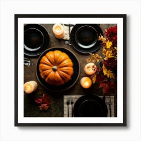 Autumnal Table Setting Cradling A Half Carved Roasted Pumpkin Candlelight Flickering Within Casting Art Print