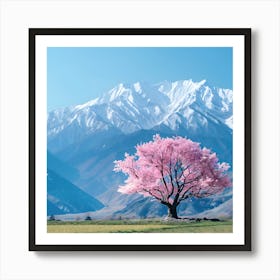 One Sakura Tree and Mountains Art Print