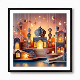 3d Paper Cut Illustration Of Islamic City Art Print