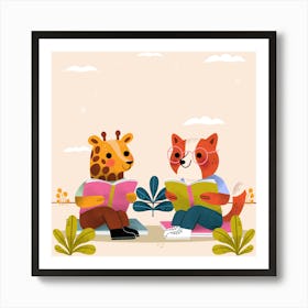 Giraffe And Fox Reading Art Print