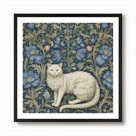 White Cat With Blue Flowers william morris inspired art 1 Art Print