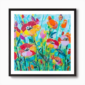 Colorful Poppies In Bloom With Butterflies Square Art Print