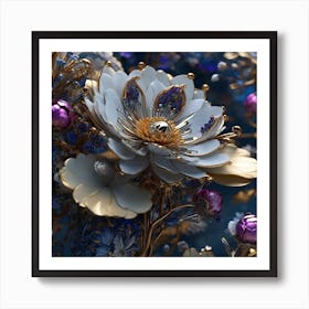 Beautiful Flowers In Blue And Gold Art Print