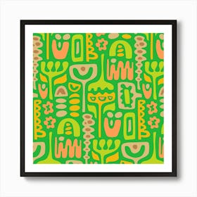 DREAMSCAPE Retro 70s Abstract Organic Floral Botanical Shapes in Lime Green Yellow Orange Sand Brown on Kelly Green Art Print