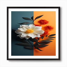 Flowers On A Blue And Orange Background Art Print