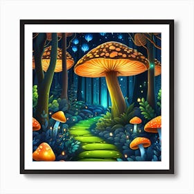 Mushroom Forest At Night Art Print