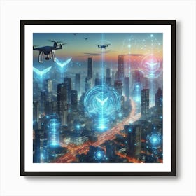 Futuristic Cityscape With Drones 3 Art Print