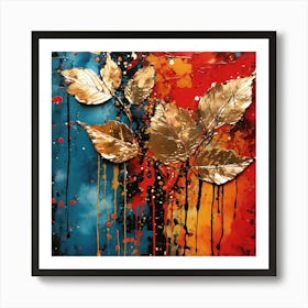 Leaves Of Gold, Acrylic Paint Drips And Metal Leaf , Autumn Leaves Art Print