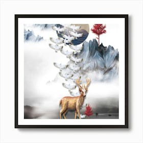 Deer And Birds Art Print