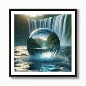 A glass sphere, reflecting a waterfall and lush greenery, floats on a calm lake. Art Print