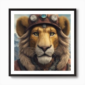 Close Up Portrait, Anthropomorphic Lion Mountaneer Wearing An Expedition Outfit, In The Himalayas, I Art Print