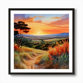 Watercolor Tuscany Tropical sceen Vibrant Colours Sunset Pale Blue Sky Shades Of Terracotta Art Print