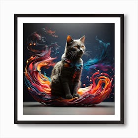 Cat Sitting On Colorful Swirls Art Print