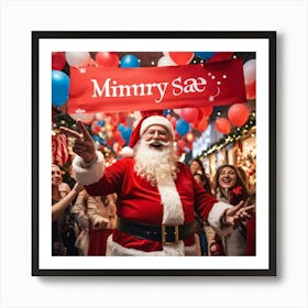 A Festive Christmas Scene With A Cheerful Man Dressed As Santa Claus Holding A Sign Fingers Pointin (3) Art Print