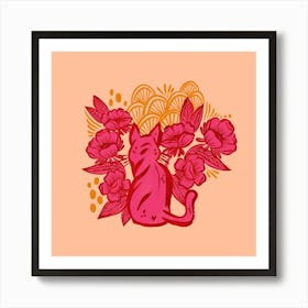 pink Cat With Flowers Art Print