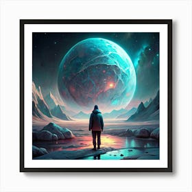 Man Gazing At A Giant Alien Planet In A Mountainous Landscape Art Print