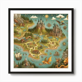 Charming Illustrated Map Of Imaginary Lands With Whimsical Creatures And Landmarks, Style Illustrated Map Art 3 Art Print