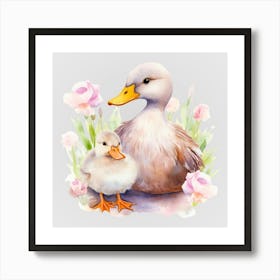 Watercolor Spring Mama And Baby Ducks Art Print