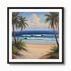 Beach Scene, A Tranquil Beach Scene With Palm Trees And Gentle Waves art print Art Print