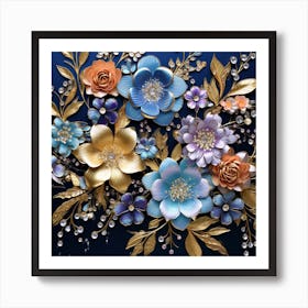 Flowers On A Blue Background Art Print