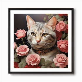 Domestic Shorthair Cat With Roses art Art Print