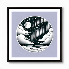 "Monochromatic Moonlight Serenade"  'Monochromatic Moonlight Serenade' captures the tranquil essence of a night sky, depicted in a circular frame that focuses the viewer’s gaze on a stylized celestial dance. This artwork, rendered in a classic monochrome palette, utilizes the contrast of light and dark to depict the luminosity of the moon and stars amidst the soft textures of clouds and the falling night rain. Perfect for those who appreciate the quiet beauty of the night and the soothing simplicity of black and white art, this piece brings a sense of peace and contemplation to any space. Art Print