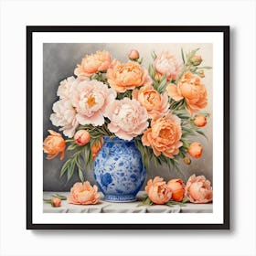 Peonies In A Blue Vase Poster