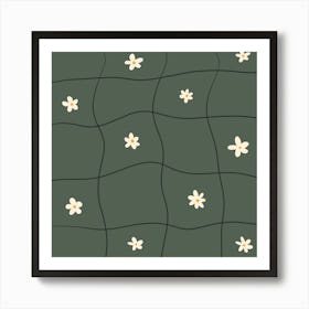 Wavy Grid With Daisies Green Póster