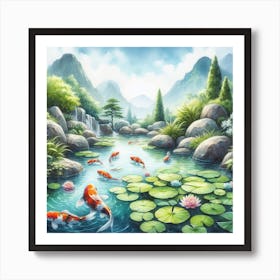 Serene koi fish pond with lily pads 1 Art Print