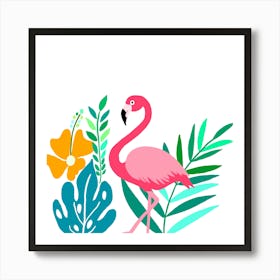 Pink Flamingo And Tropical Plants Art Print