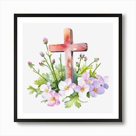 Watercolor Cross With Flowers Art Print