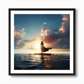 Woman Standing On A Rock At Sunset Art Print