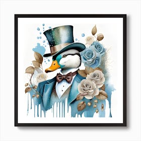 Duck In Top Hat Watercolor Splash Dripping 7 Art Print