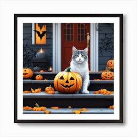 Halloween Cat With Pumpkins Art Print